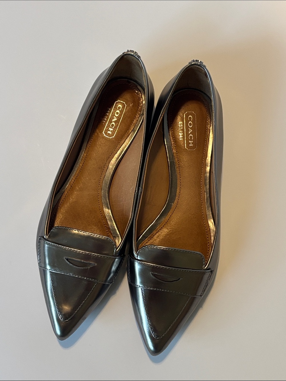 Coach Tabitha Metallic Silver Pointed Toe Loafer Flats (Size 6.5)